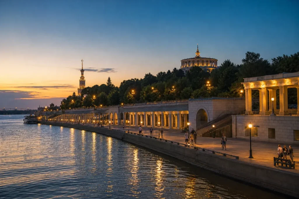 Evening Embankment and City Lights, Volgograd: A Riverside Walk Through War and River Views
