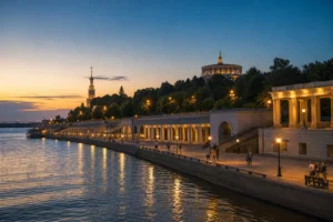 Evening Embankment and City Lights, Volgograd: A Riverside Walk Through War and River Views