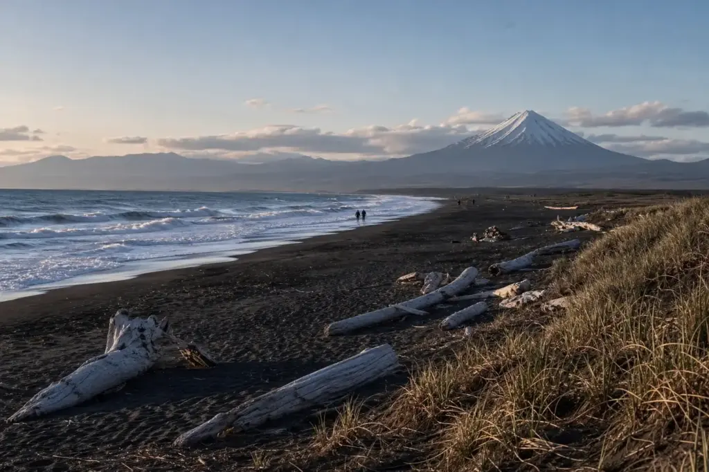 Khalaktyrsky Beach: Black Sand, Pacific Surf and Volcano Views