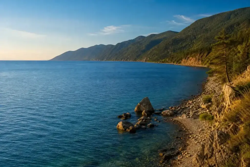 Ice-free Lake Baikal in summer near Listvyanka with blue water, rocky shores and forested mountains