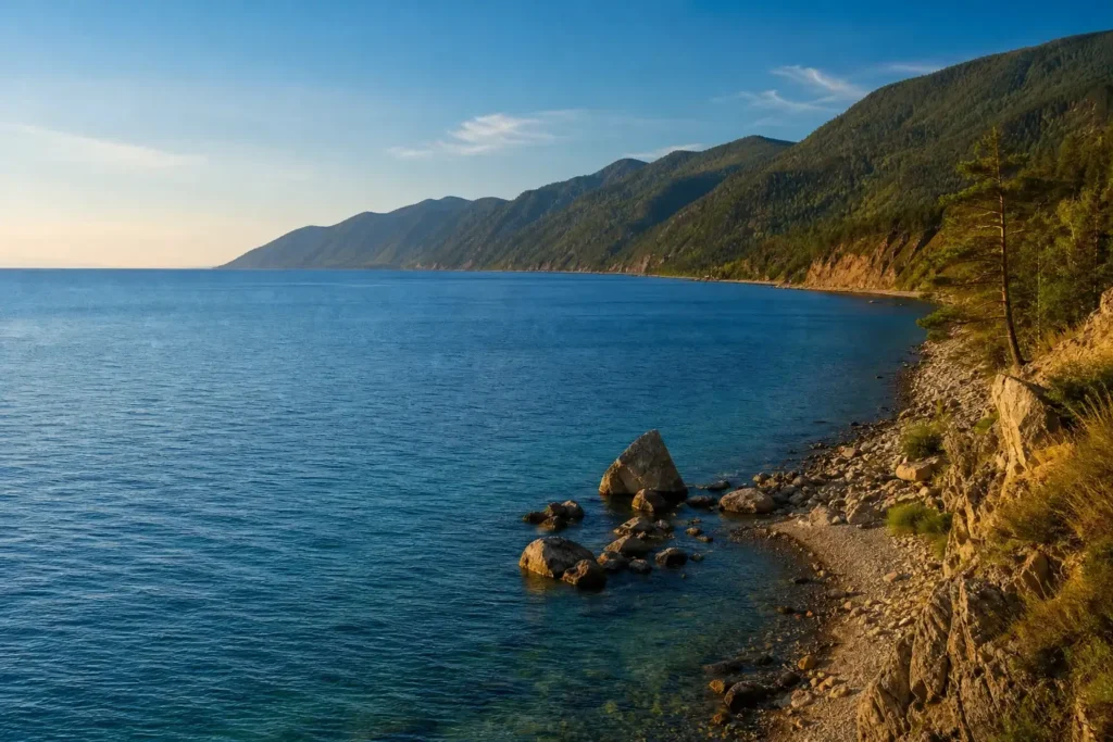 Ice-free Lake Baikal in summer near Listvyanka with blue water, rocky shores and forested mountains