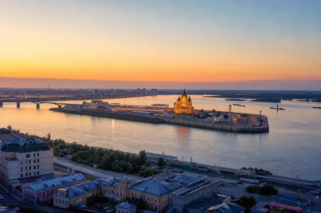 Volga and Oka rivers meeting at Strelka in Nizhny Novgorod with Alexander Nevsky Cathedral