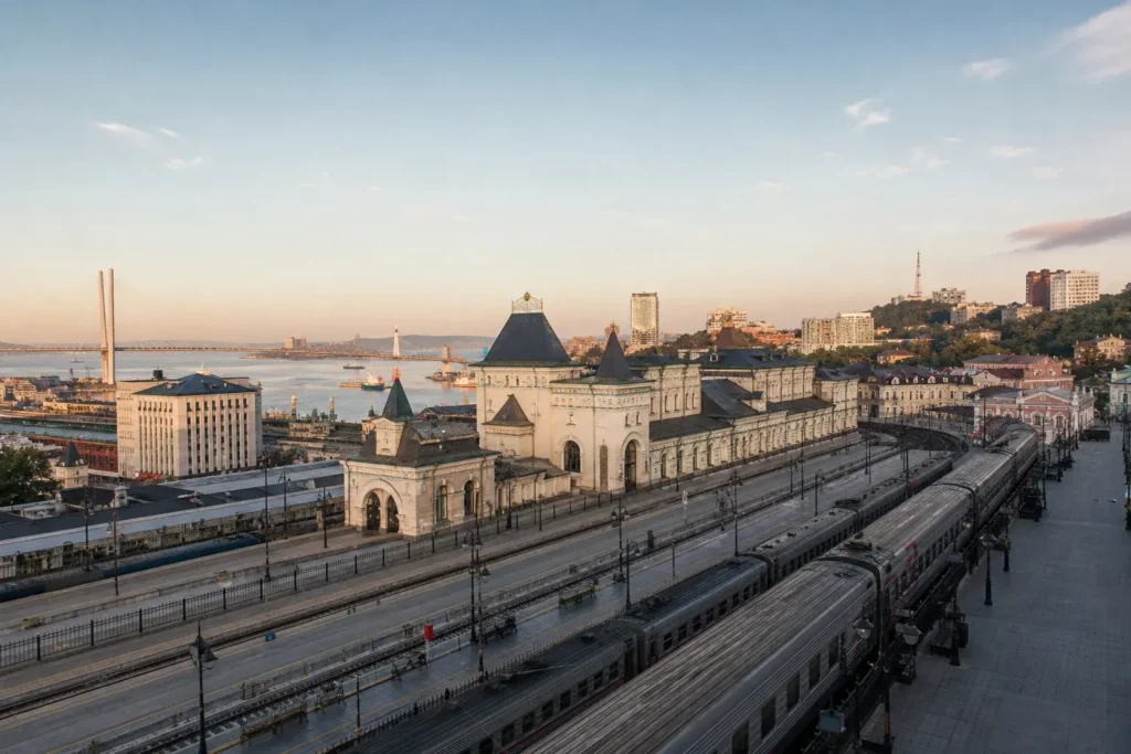 Historic Vladivostok railway station and platforms in Russia's Far East