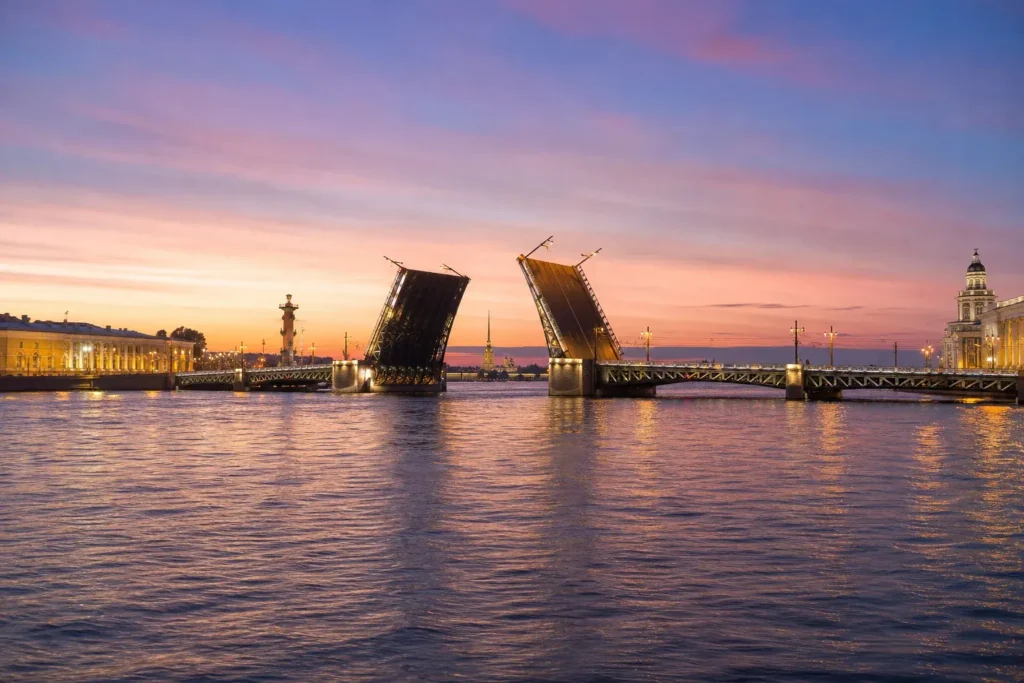 Palace Bridge and the Neva River during the summer White Nights in Saint Petersburg