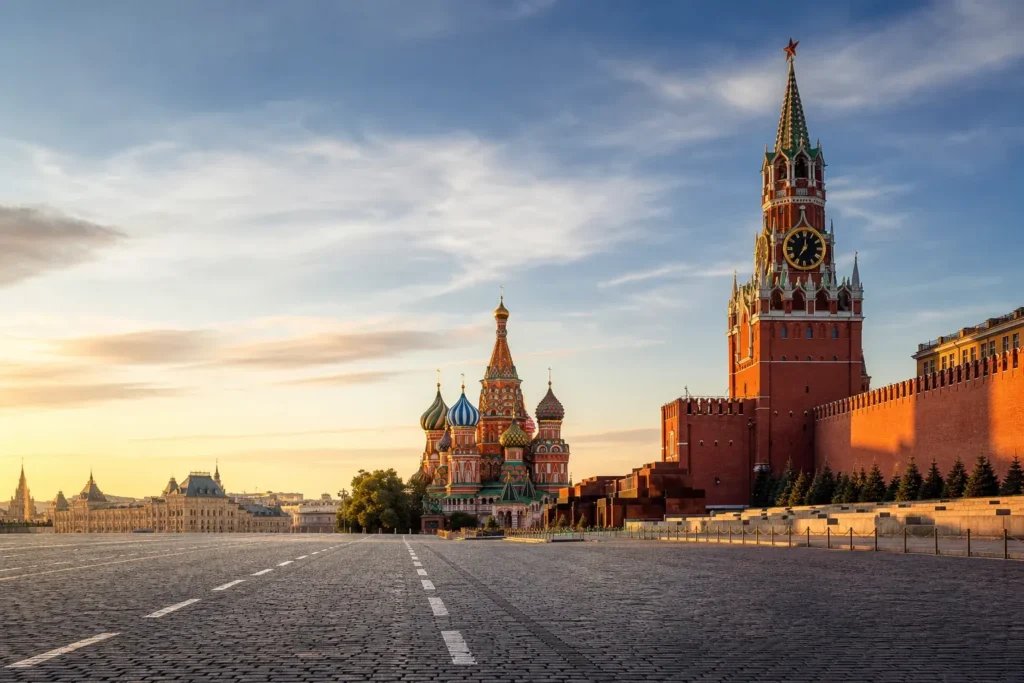 Saint Basil's Cathedral and the Kremlin wall on Red Square in Russia at golden hour